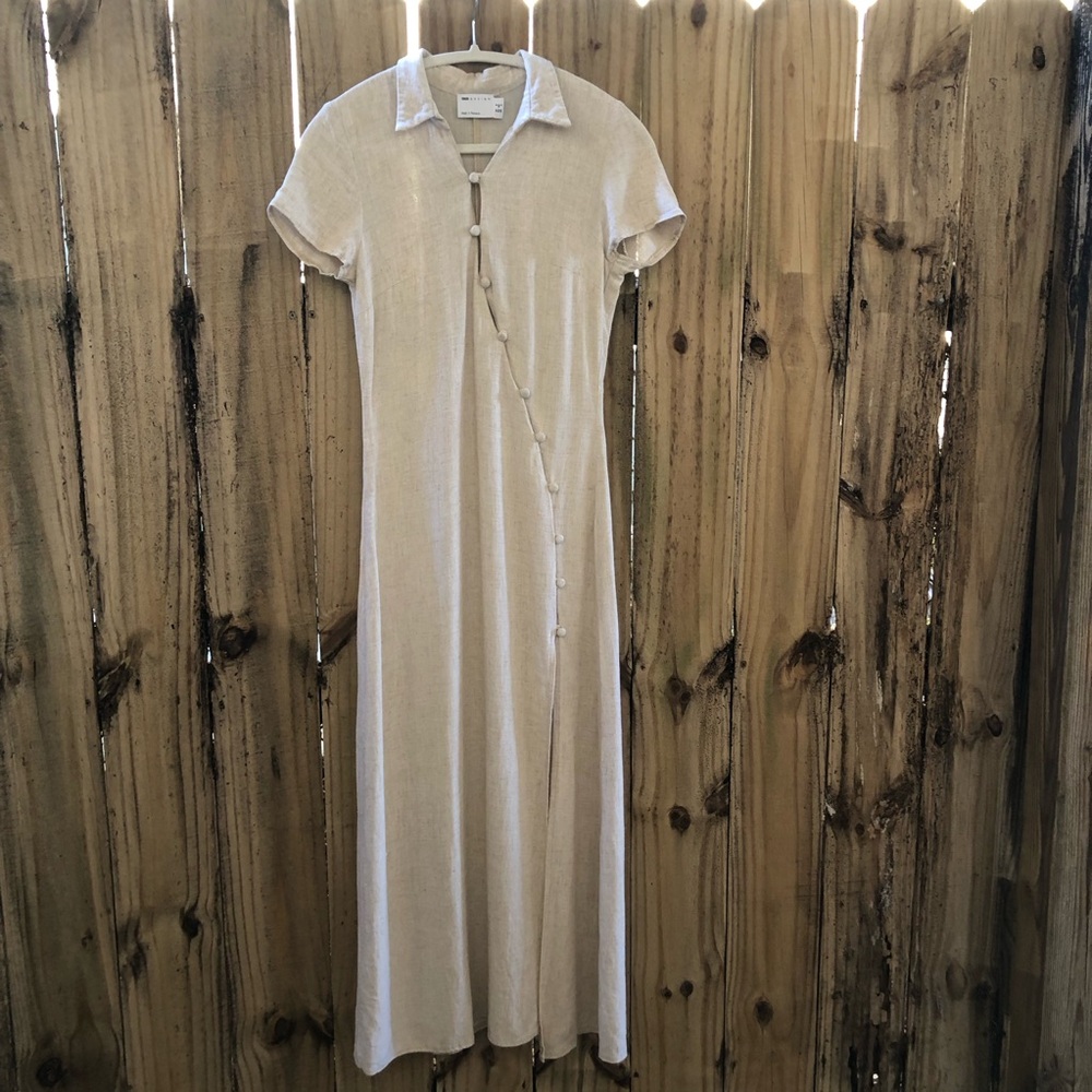 ASOS Curved Button Midi Shirt Dress Size 2 Natural Linen Cap Sleeve Slit